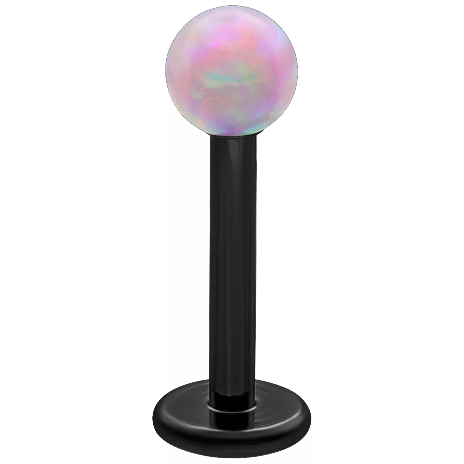 Rosa Opal Labret 5.0 mm - Titan Schwarz Rosa synthetischer Opal Labret mit schwarzem Titanstab auf weißem Hintergrund