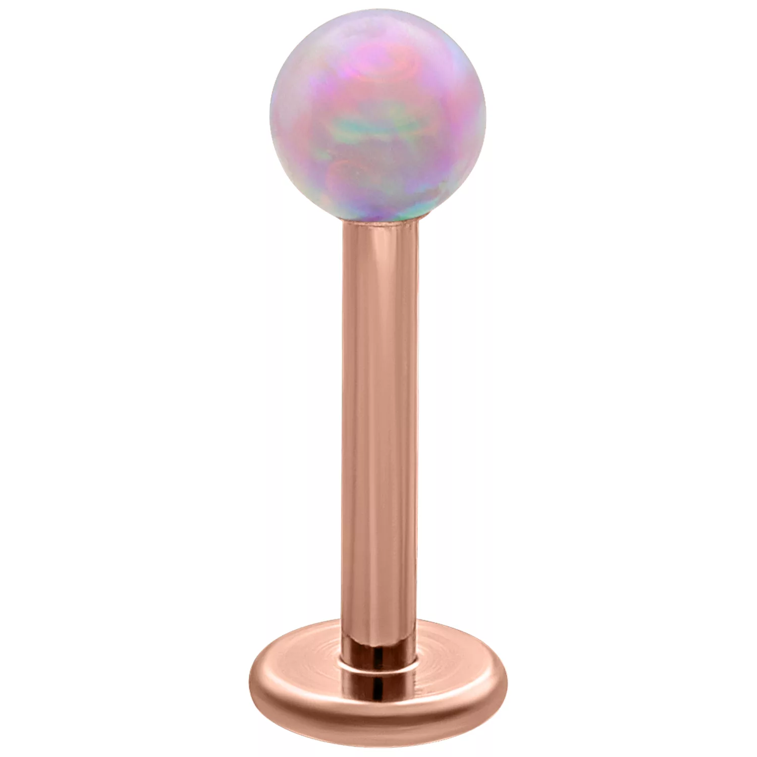 Rosa Opal Ball Micro Labret 5,0 mm Rosa synthetischer Opal Ball Micro Labret mit roségoldenem Titanstab auf weißem Hintergrund