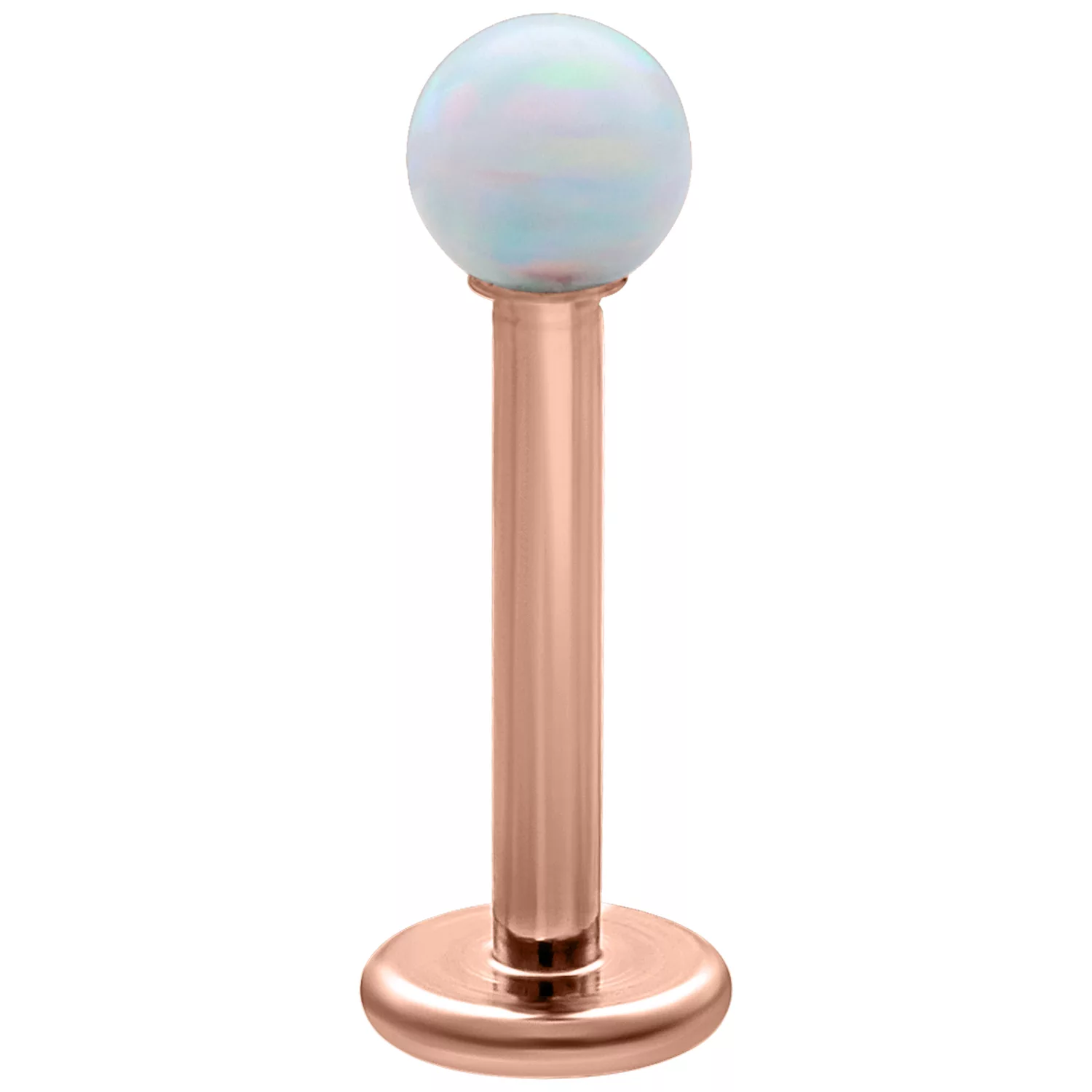 Weißer Opal Labret mit Roségold Beschichtung Labret mit weißem synthetischen Opal und roségoldenem Titanstab auf weißem Hintergrund