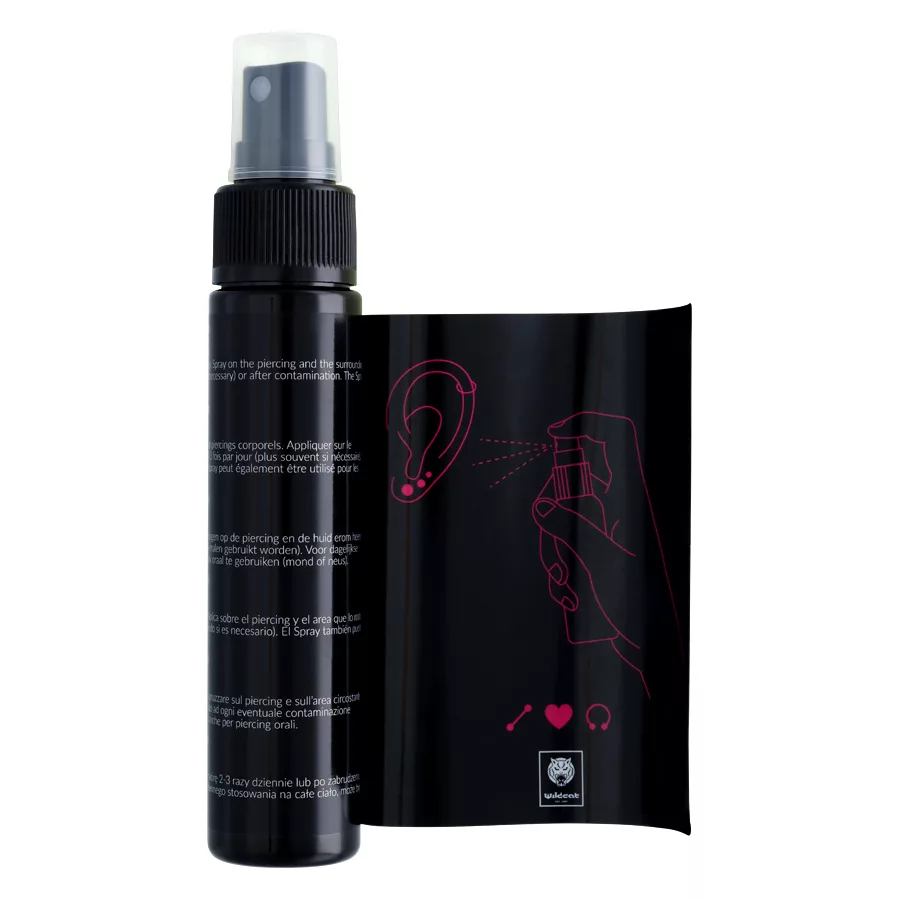 Piercingspray Set 2x 60ml Schwarz Schwarze Piercingspray Flasche und Verpackung auf weißem Hintergrund
