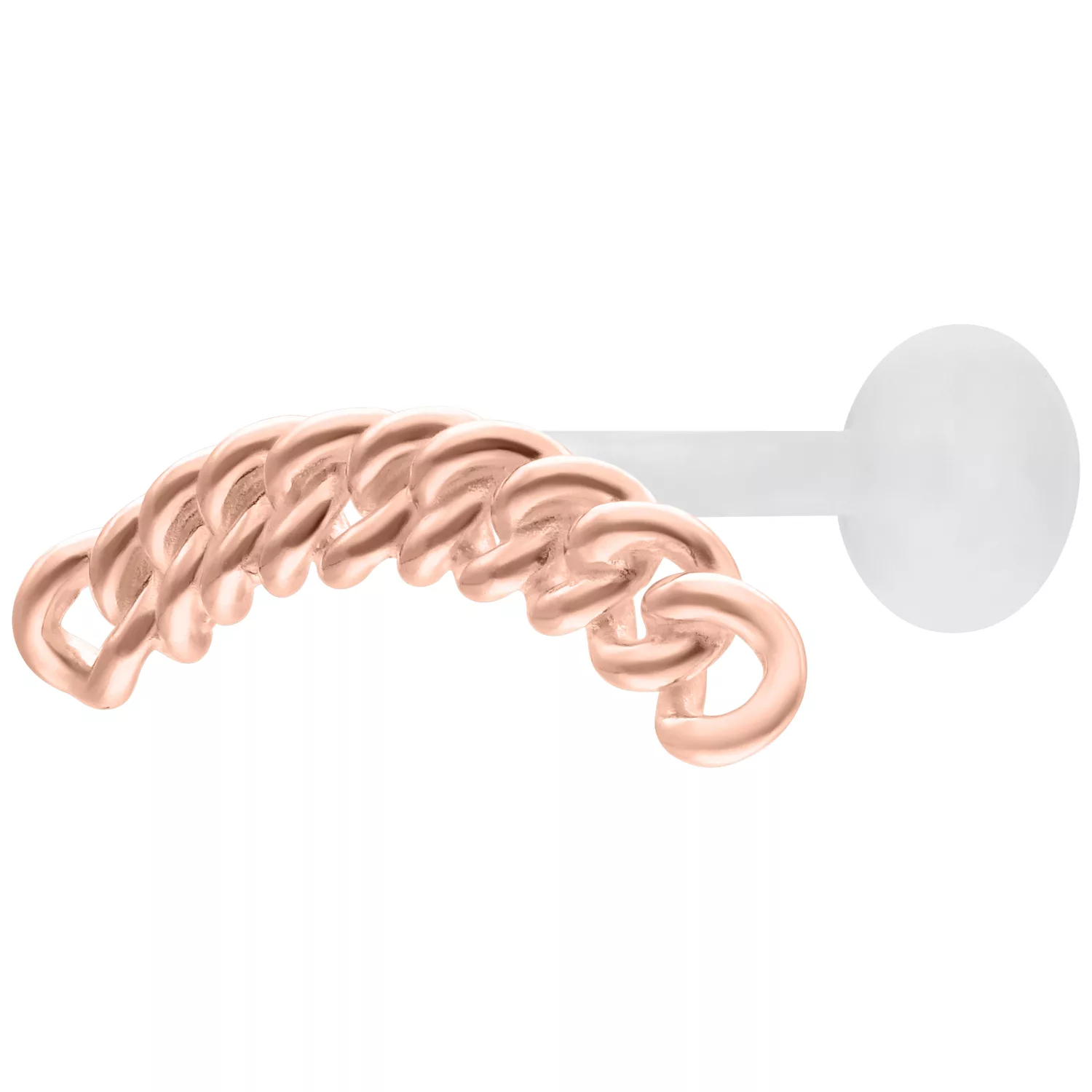 Chunky Chain Push Fit Labret Roségold 5,0 mm Chunky Chain Push Fit Labret in Roségold mit 5,0 mm Plattengröße auf weißem Hintergrund