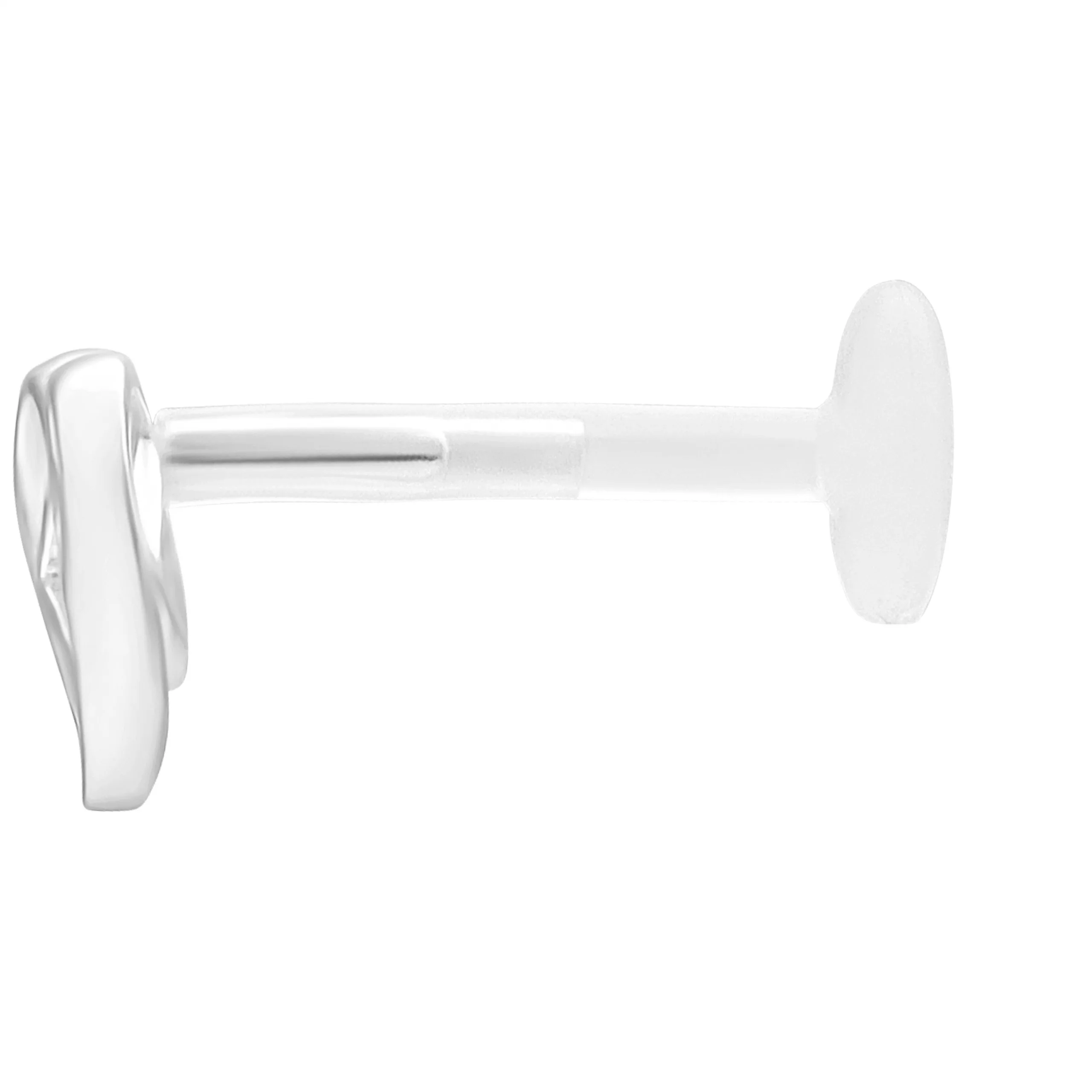 Silber Push Fit Labret Piercing in Seitenansicht Silbernes Labret Piercing mit Push Fit auf weißem Hintergrund