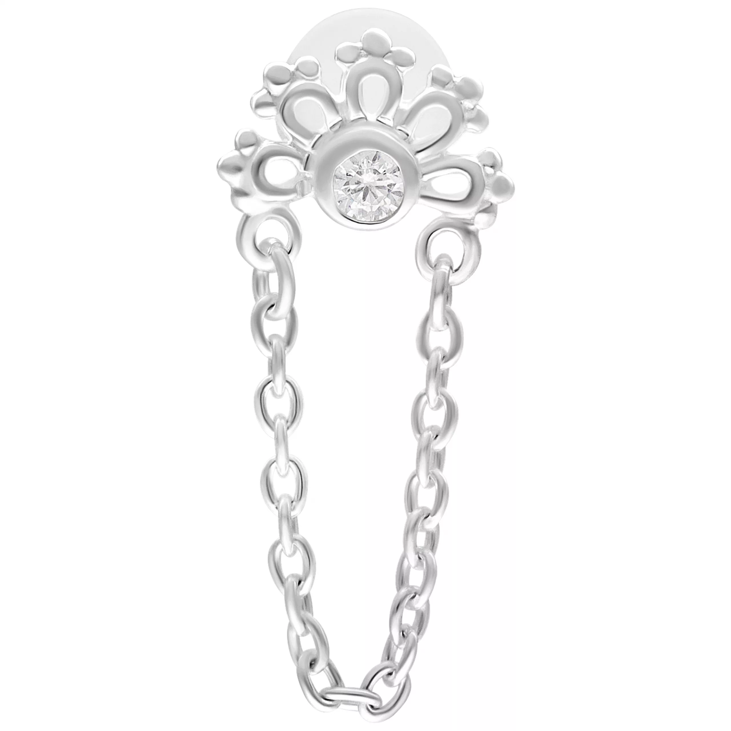 Silbernes Crystal Sunrise Labret 5,0 mm Silbernes Labret mit Kristall und Kettenanhänger auf weißem Hintergrund