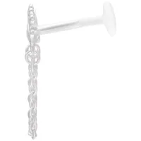 Silbernes Crystal Labret mit Kettendetail, 5 mm Silberfarbenes Labret mit Kristallaufsatz und Kettendetail vor weißem Hintergrund