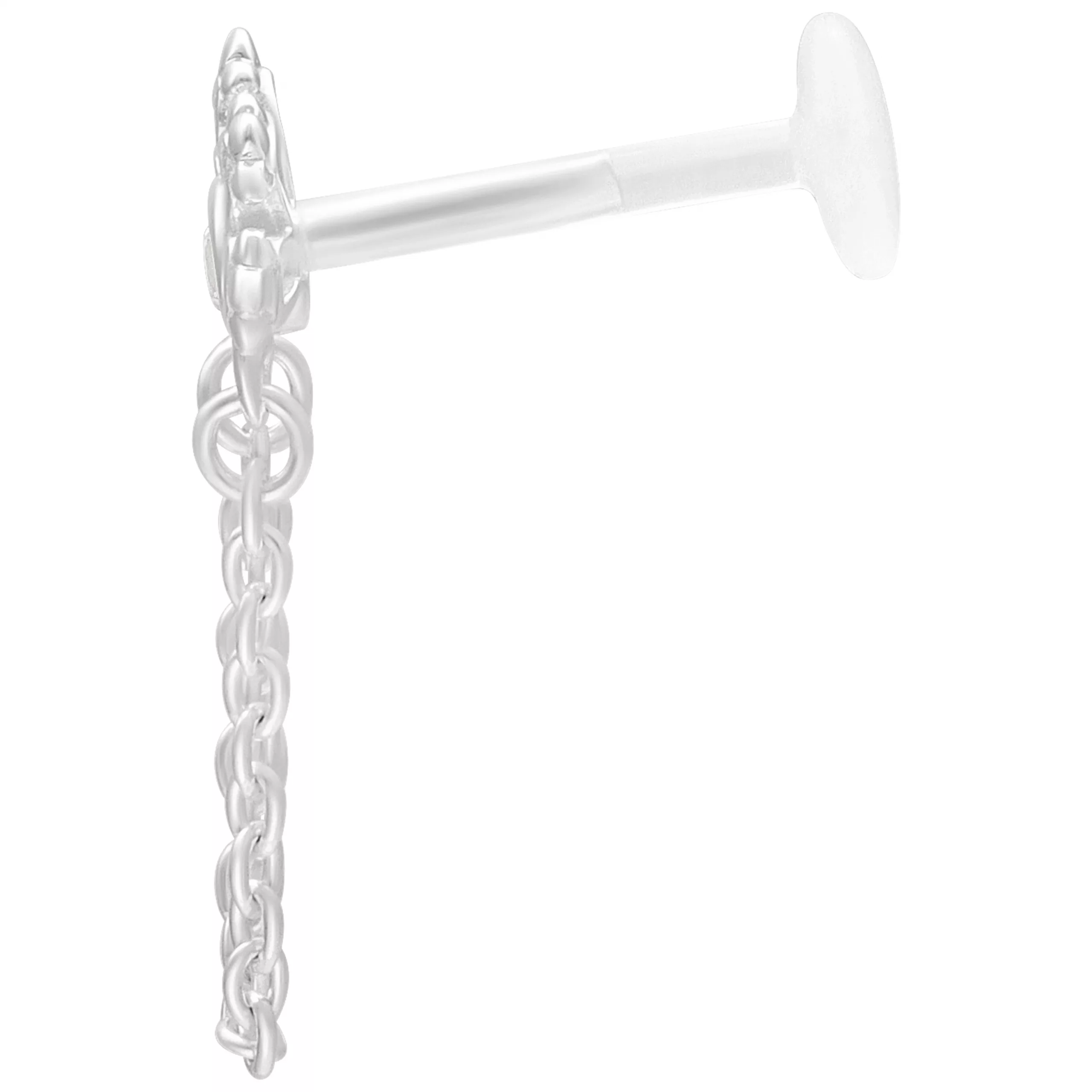 Silbernes Crystal Labret mit Kettendetail, 5 mm Silberfarbenes Labret mit Kristallaufsatz und Kettendetail vor weißem Hintergrund