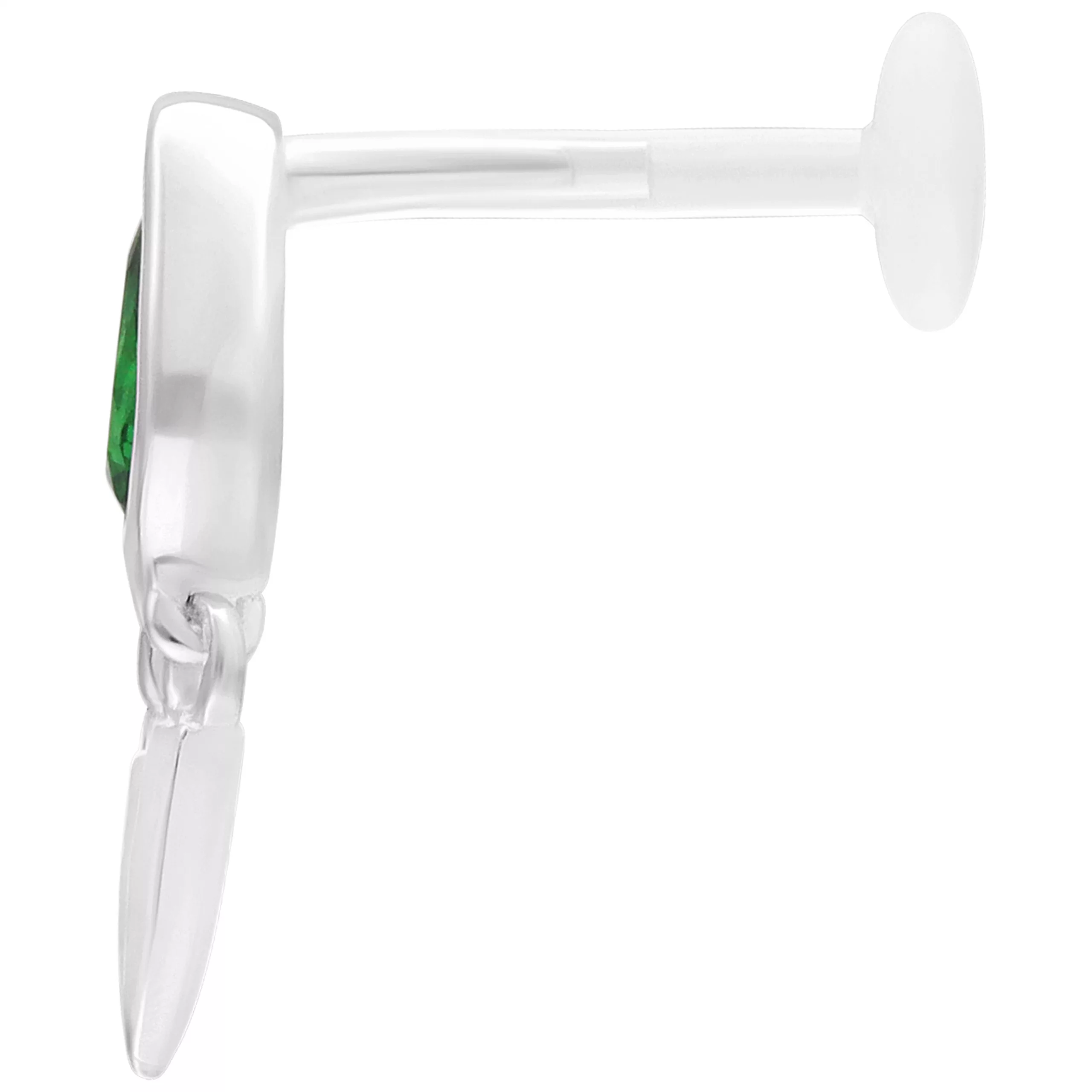 Silbernes Labret mit grünem Smaragdstein, 5mm Silbernes Push Fit Labret mit grünem Smaragd, 5mm Länge, seitliche Ansicht