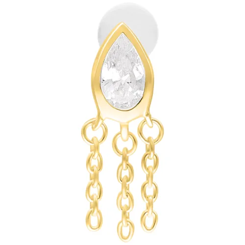 Goldenes Labret mit tropfenförmigem Stein und drei Ketten auf weißem Hintergrund