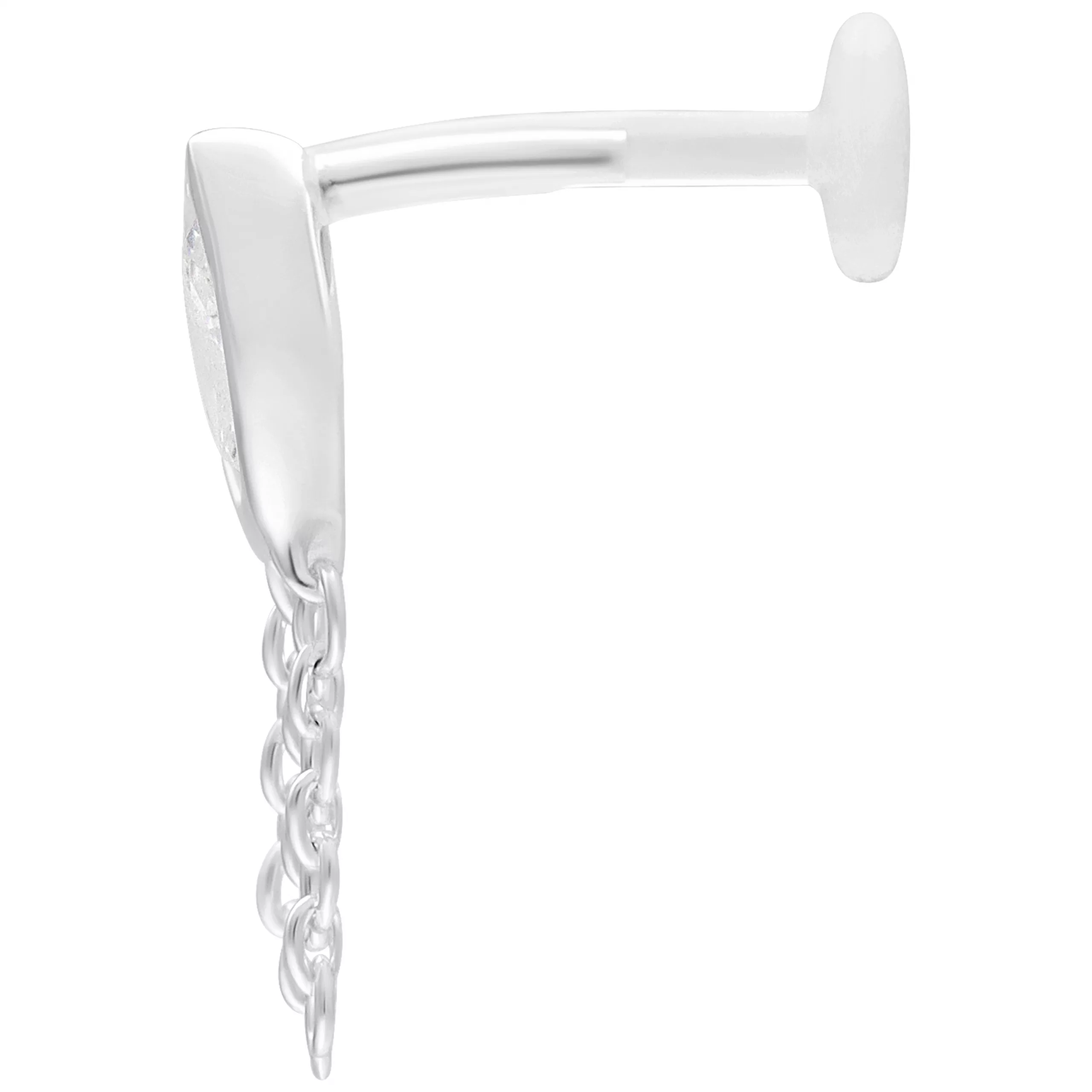 Silbernes Linda Push Fit Labret, 5 mm Silbernes Labret mit Push Fit und 5 mm Platte auf weißem Hintergrund