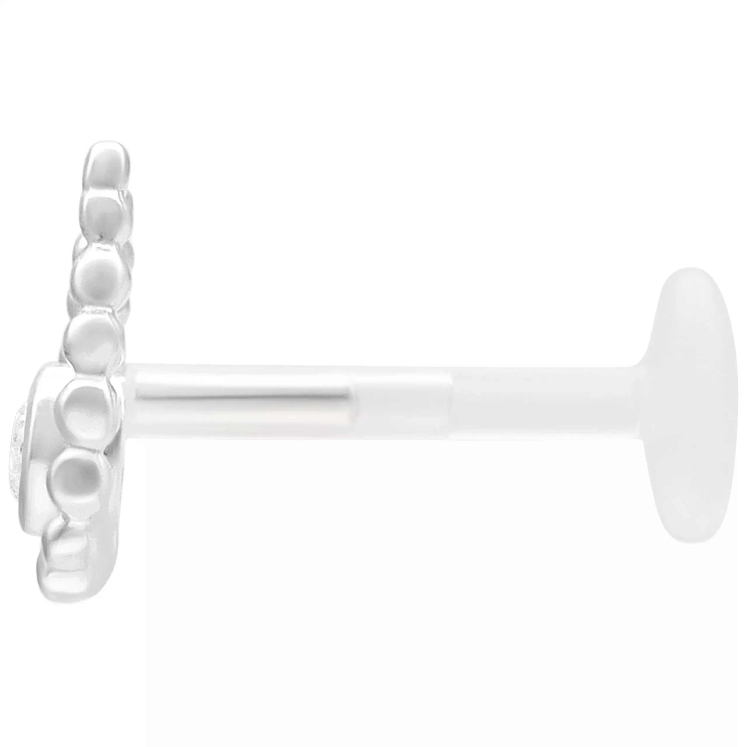 Silberfarbener Bead Drop Push Fit Labret 5,0 mm Silberfarbener Push Fit Labret mit 5,0 mm Durchmesser auf weißem Hintergrund