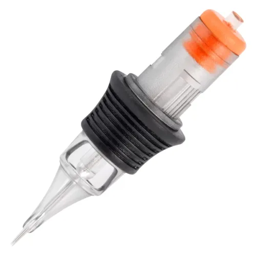 Tattoo Round Liner Patrone aus Chirurgenstahl mit schwarzem Griff und orangener Spitze.