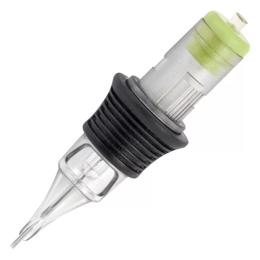 Round Shader Cartridges von Wildcat, 11-14 Nadeln Transparente Round Shader Cartridge mit schwarzem Griff und grünem Akzent