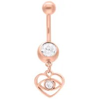 Roségoldenes Dangling Eye Bananabell 12mm Roségoldenes Bananabell mit klarem Kristall und hängendem Herzdesign auf weißem Hintergrund