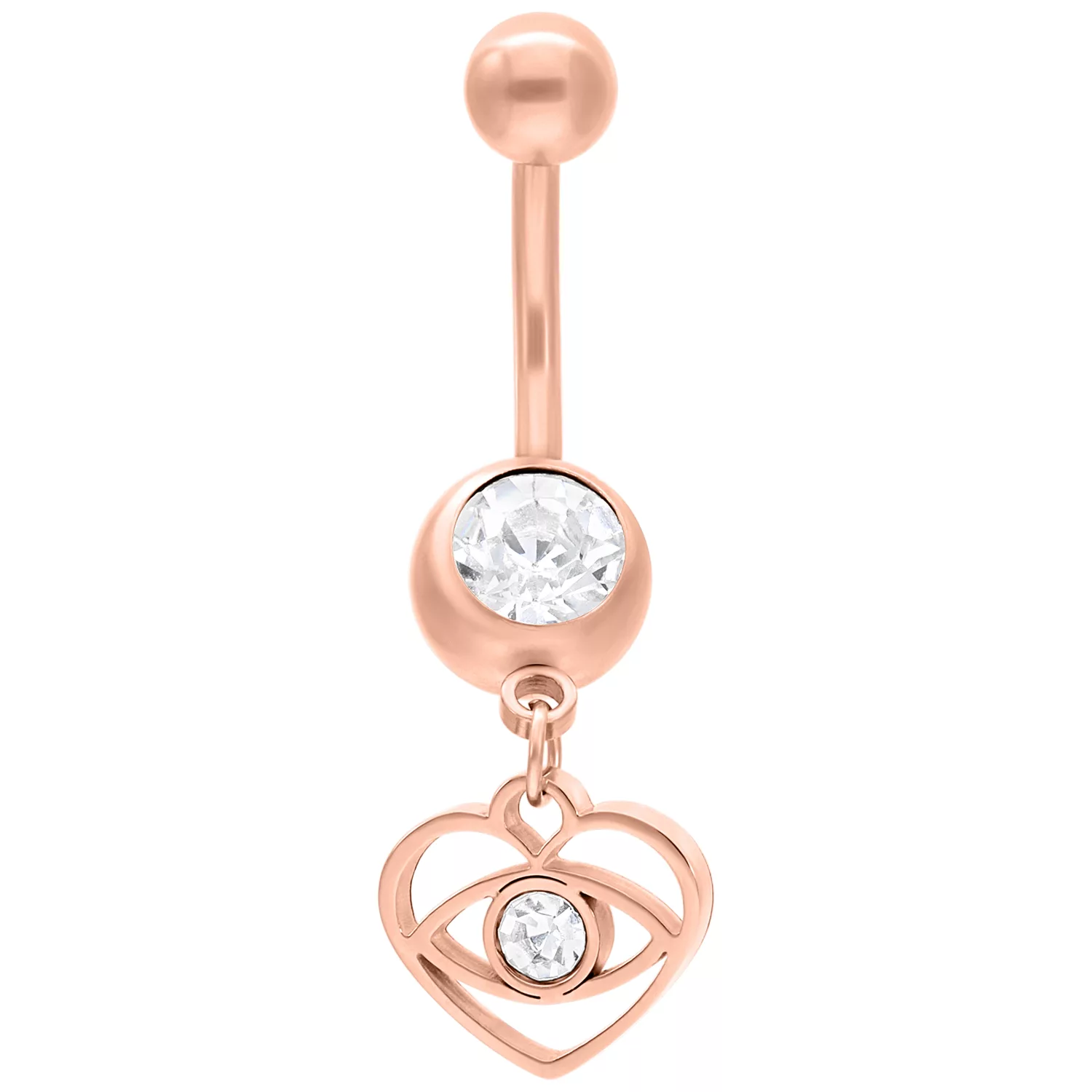 Roségoldenes Dangling Eye Bananabell 12mm Roségoldenes Bananabell mit klarem Kristall und hängendem Herzdesign auf weißem Hintergrund
