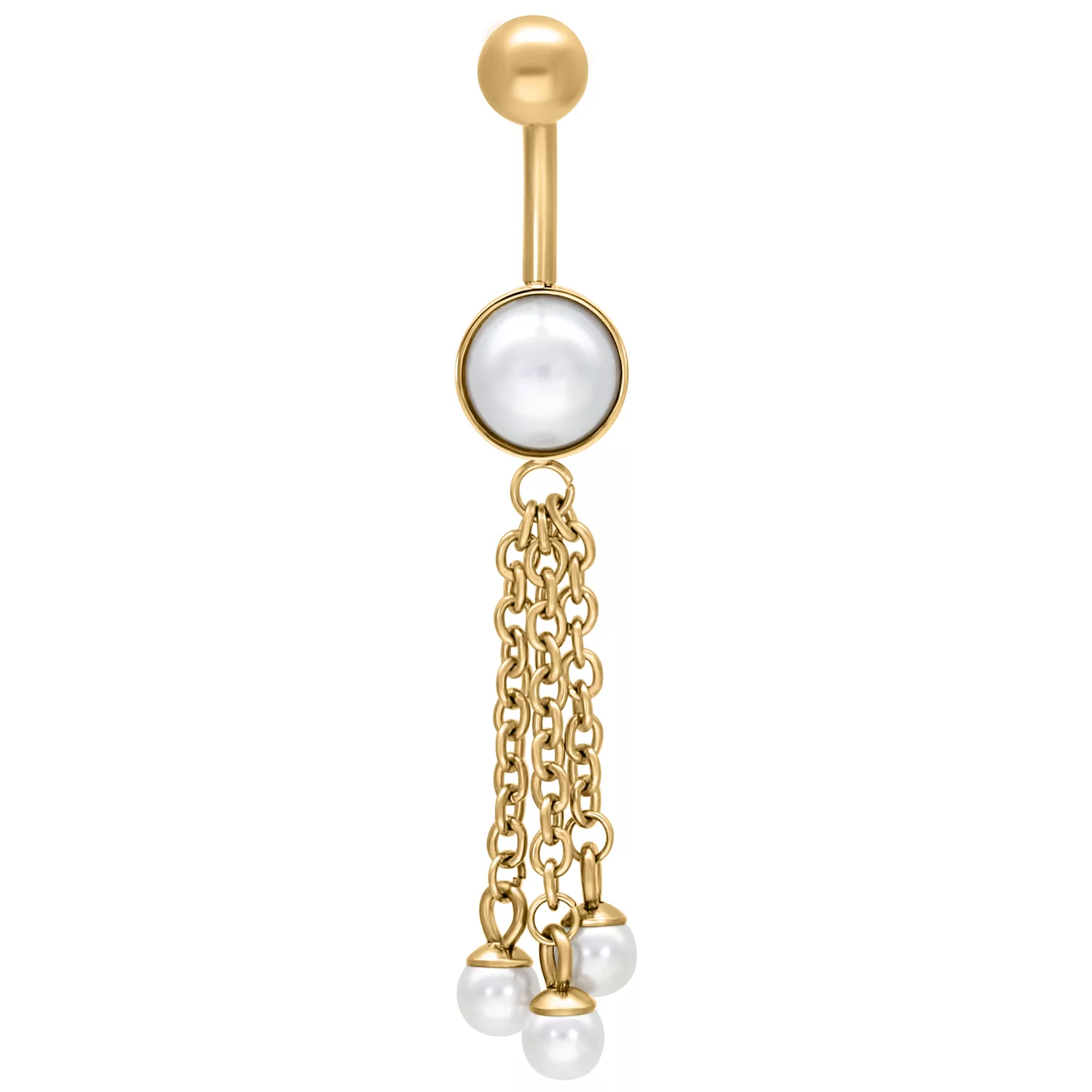 Goldenes Bauchnabelpiercing mit Perlenanhänger Goldenes Bauchnabelpiercing mit Ketten und Perlen auf weißem Hintergrund