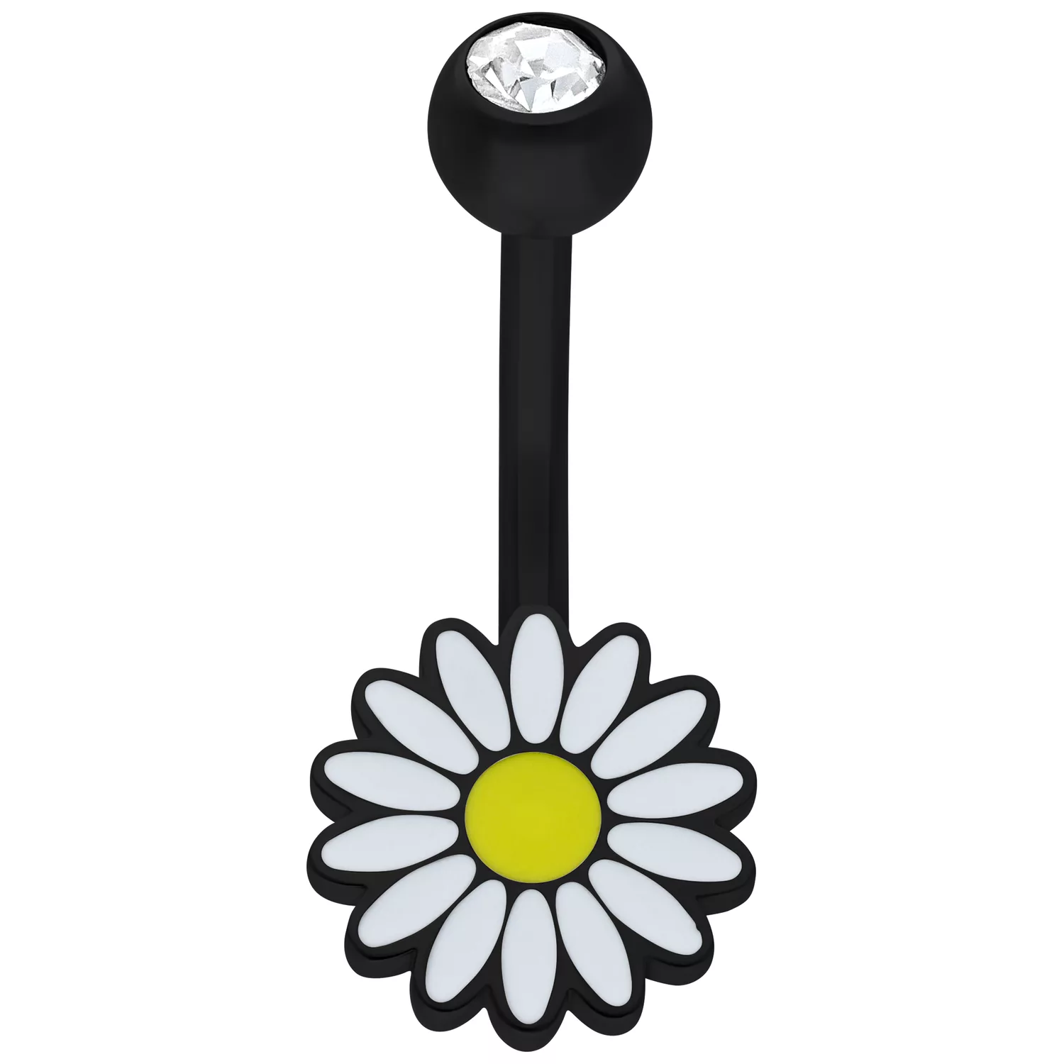 Schwarzes Daisy Micro Bananabell mit Kristall Schwarzfarbenes Bananabell mit Gänseblümchen-Anhänger und klarem Kristall auf weißem Hintergrund