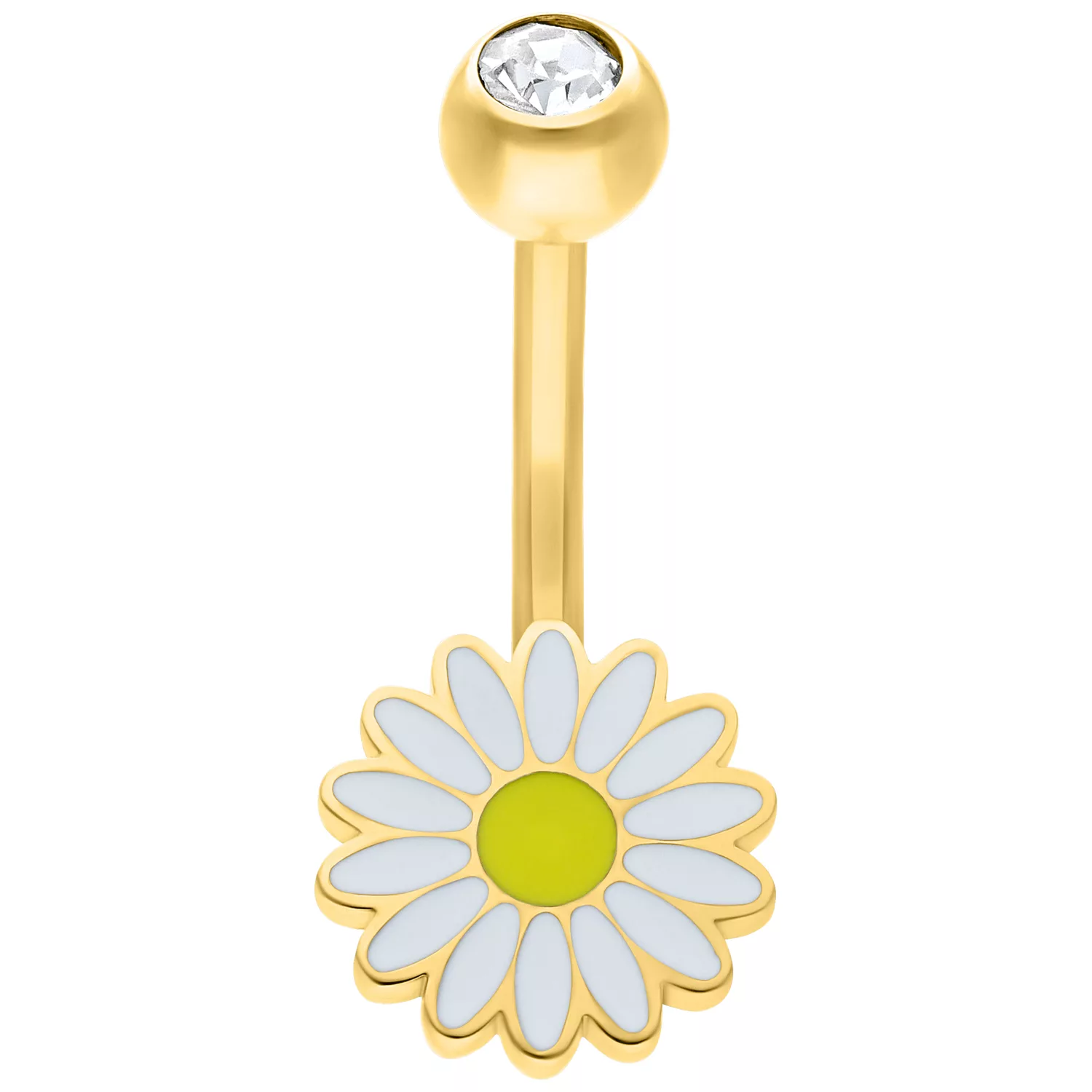 Goldenes Daisy Micro Bananabell Piercing Goldenes Bananabell mit Gänseblümchen-Design und Kristall, auf weißem Hintergrund