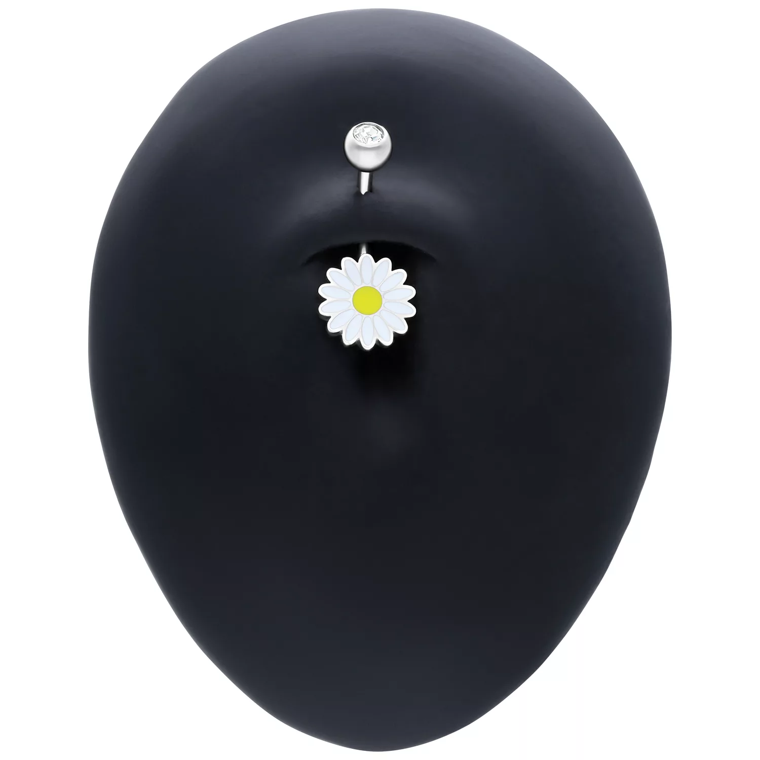 Daisy Micro Bananabell in Silber mit Kristall Silbernes Micro Bananabell mit Gänseblümchen-Anhänger und Kristall auf schwarzem Display