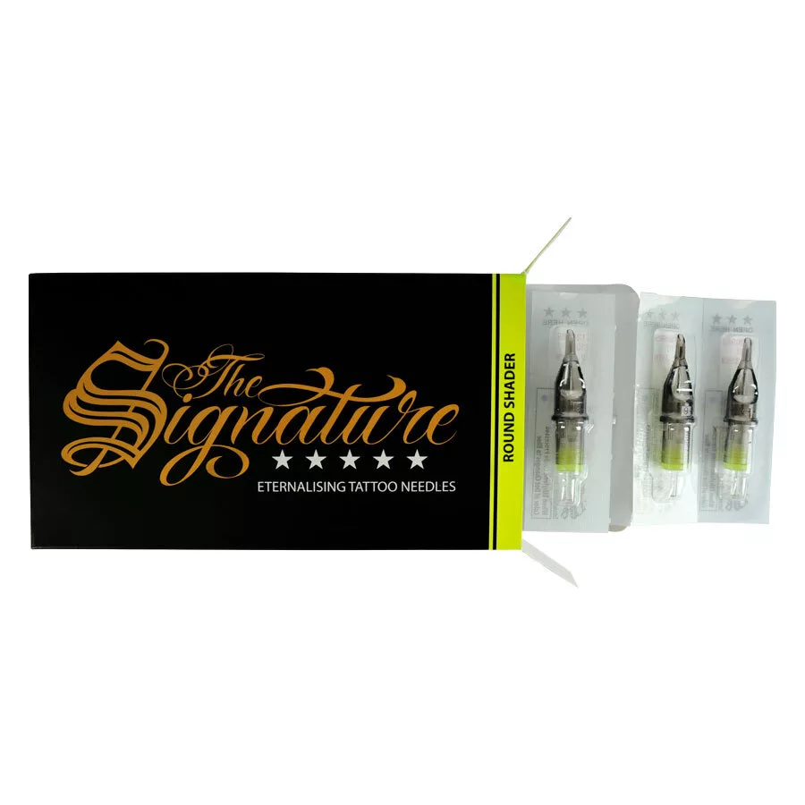 Round Shader Cartridge 20 Stk von Wildcat Drei Round Shader Tattoo-Nadelmodule neben schwarzer Verpackung