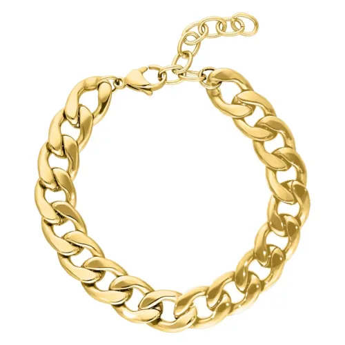 Glänzendes, goldfarbenes Chunky Armband aus Chirurgenstahl auf weißem Hintergrund