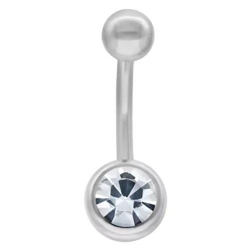 Bauchnabelpiercing aus Titan in Weißgold mit klarem Kristall auf weißem Hintergrund