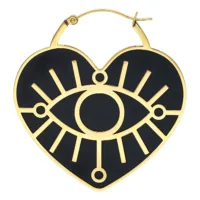 Goldene Soulmate Hoops Ohrringe mit Auge Goldene herzförmige Ohrringe mit schwarzem Auge-Design auf weißem Hintergrund