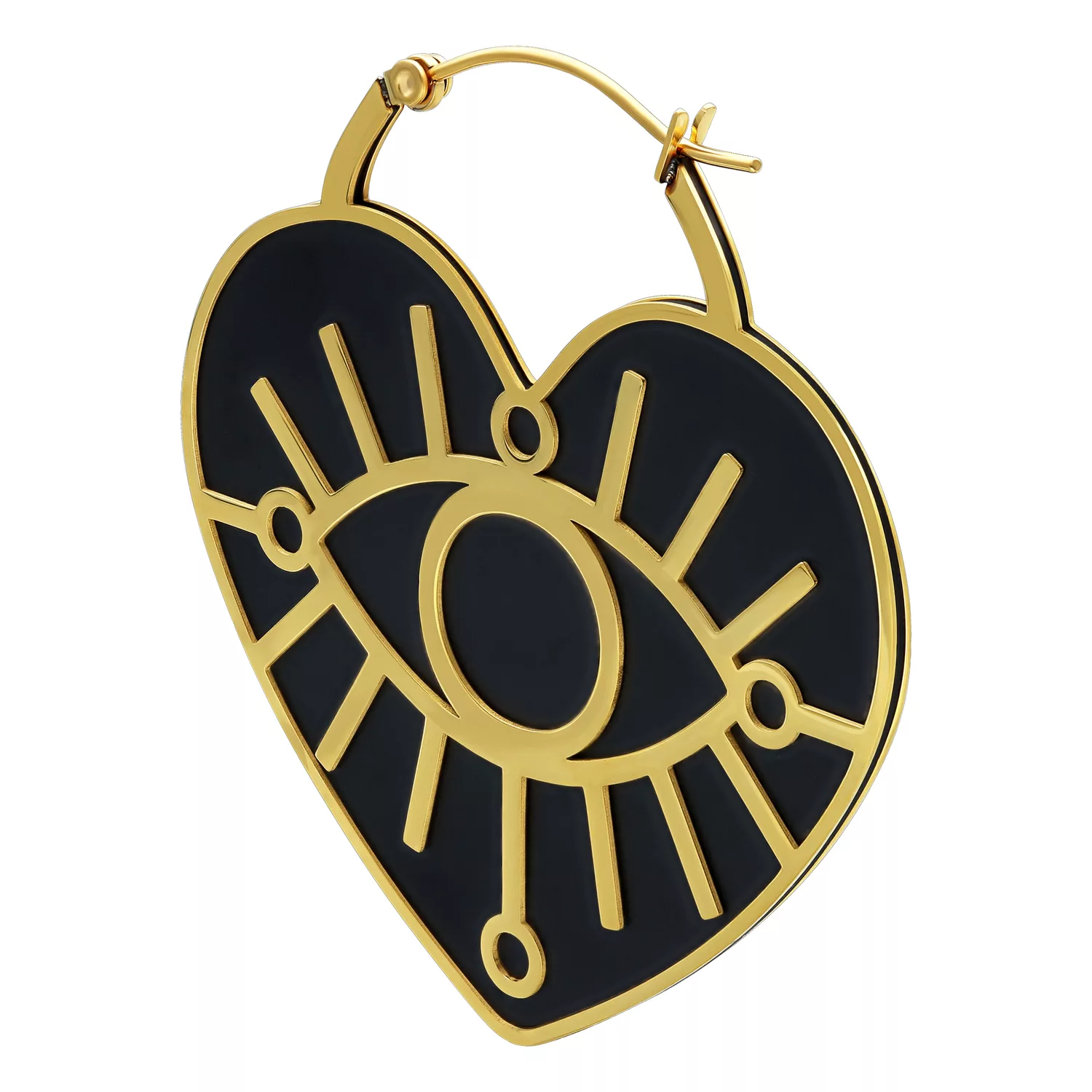Goldene Soulmate Hoops Ohrringe mit Herzdesign Goldene Ohrringe in Herzform mit schwarzem Auge auf weißem Hintergrund