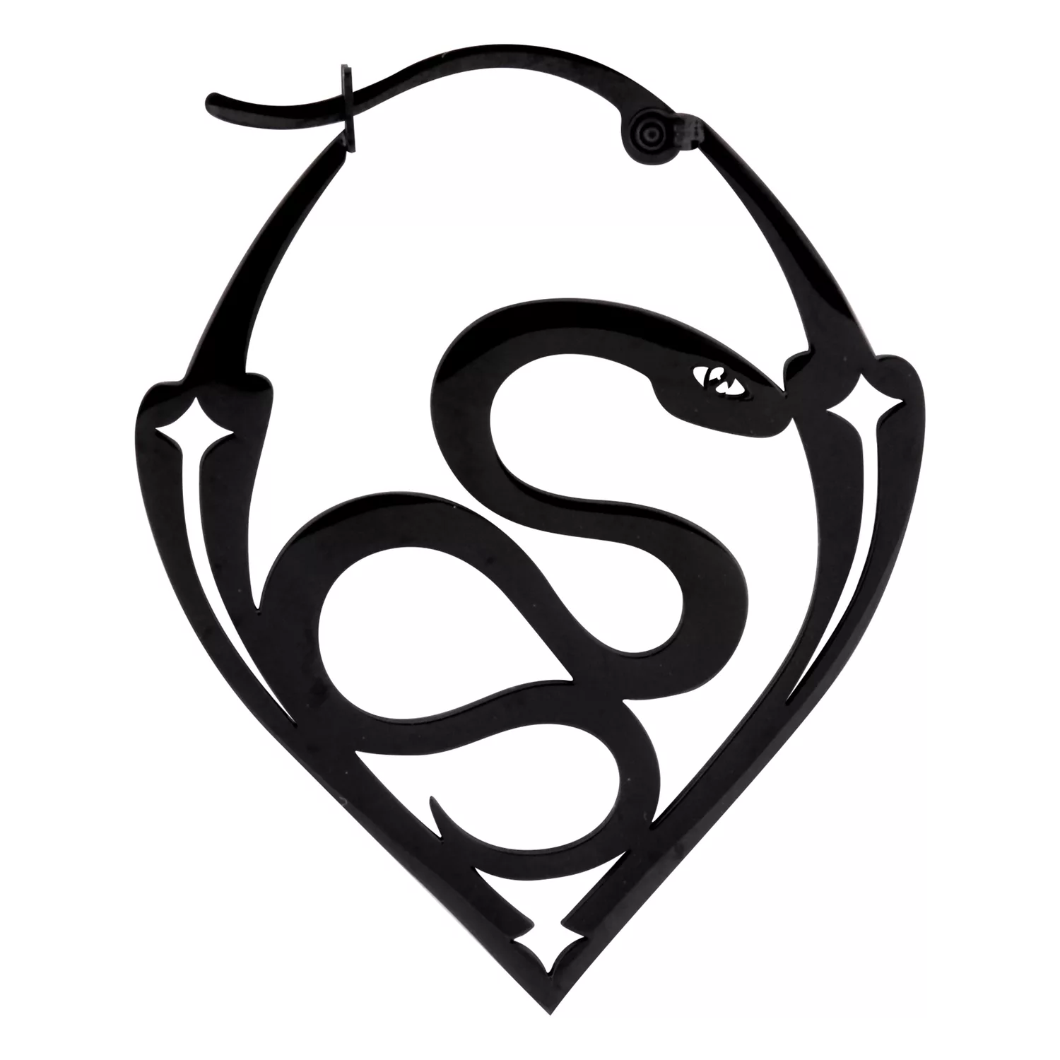 Schwarze Snake Hoops Ohrringe aus Stahl Schwarze, glänzende Ohrringe in Schlangenform auf weißem Hintergrund