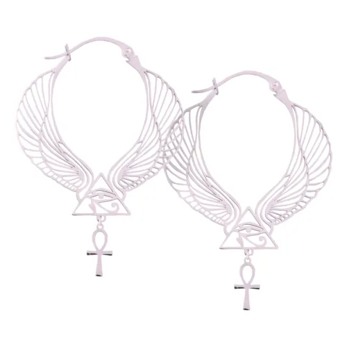Kreisförmige Ohrringe mit Flügeln und Ankh-Symbol in Silber auf weißem Hintergrund