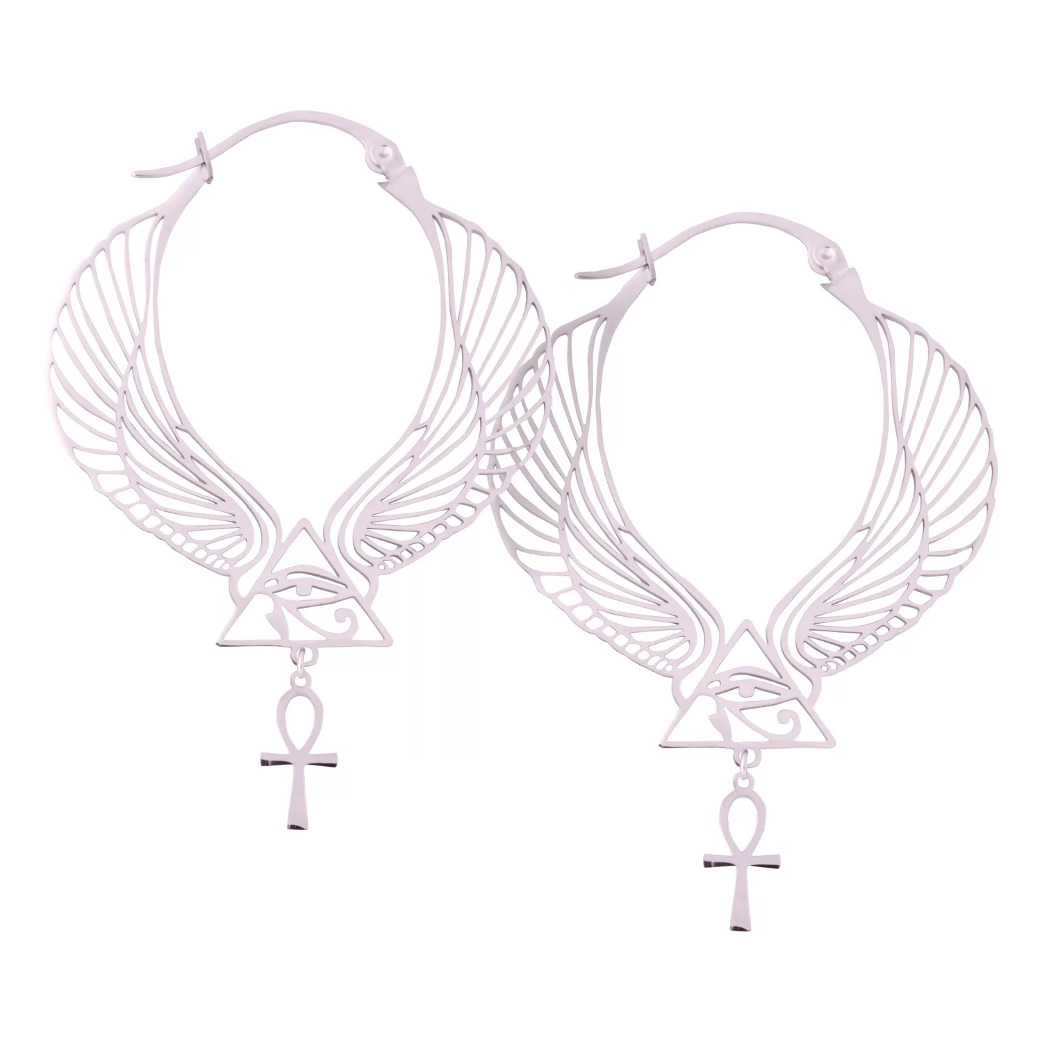 Cleopatra Hoops in Silber mit Ägyptischem Symbol Kreisförmige Ohrringe mit Flügeln und Ankh-Symbol in Silber auf weißem Hintergrund