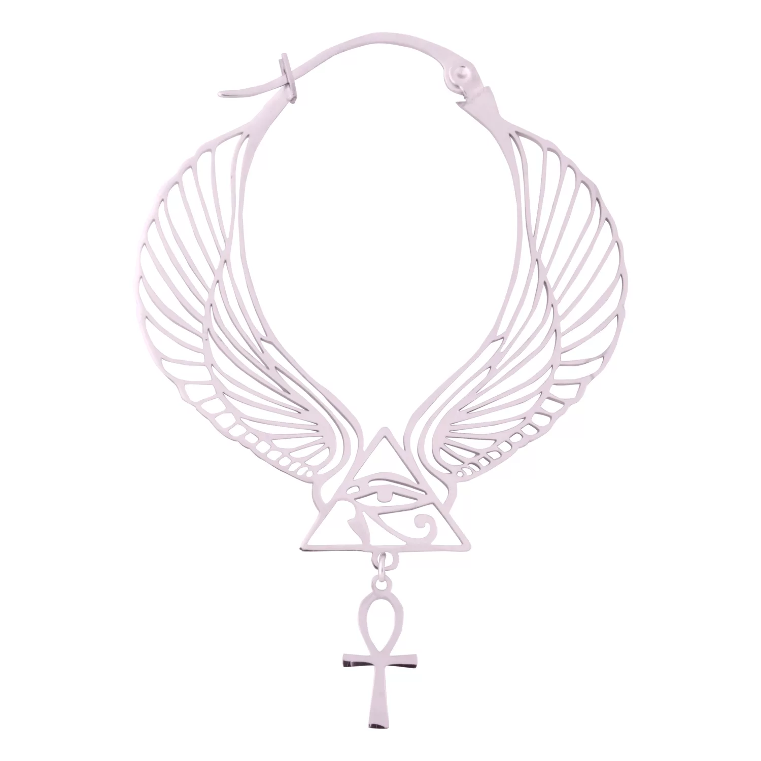 Cleopatra Hoops in Roségold mit Ankh-Anhänger Roségoldene Cleopatra Hoops mit Flügel-Design und Ankh-Anhänger auf weißem Hintergrund