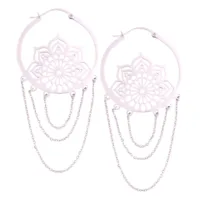 La Fleur Hoops in edlem Design La Fleur Hoops Ohrringe aus Edelstahl mit filigranem Blumenmuster und Kettenanhängern auf weißem Hintergrund