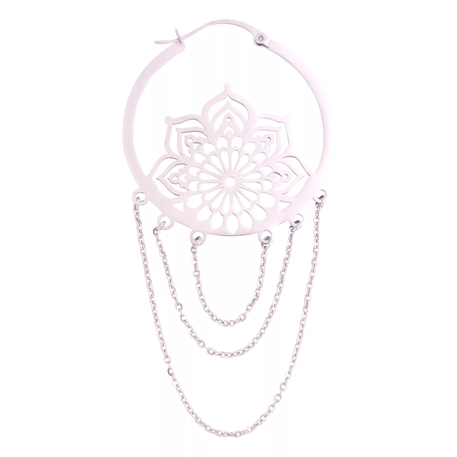 Elegante La Fleur Hoops aus Edelstahl Silberne La Fleur Ohrringe mit Blumendesign und Ketten auf weißem Hintergrund