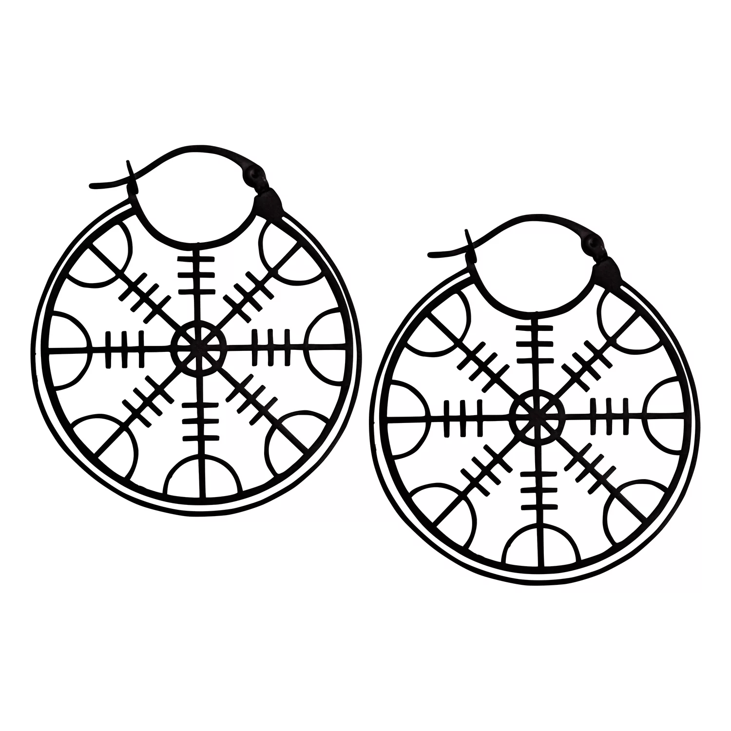 Zwei schwarze Edelstahl-Ohrringe mit Helm of Awe Symbol auf weißem Hintergrund