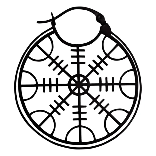 Runder schwarzer Edelstahl-Ohrring mit Helm of Awe Design auf weißem Hintergrund