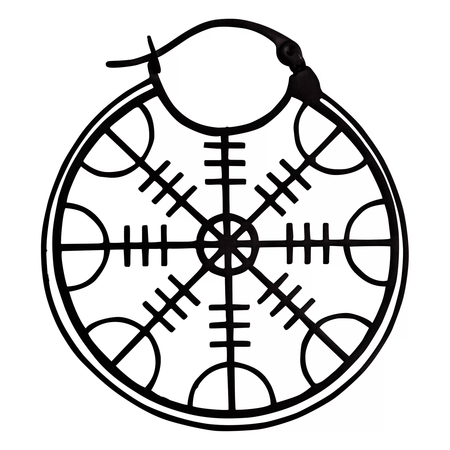 Runder schwarzer Edelstahl-Ohrring mit Helm of Awe Design auf weißem Hintergrund
