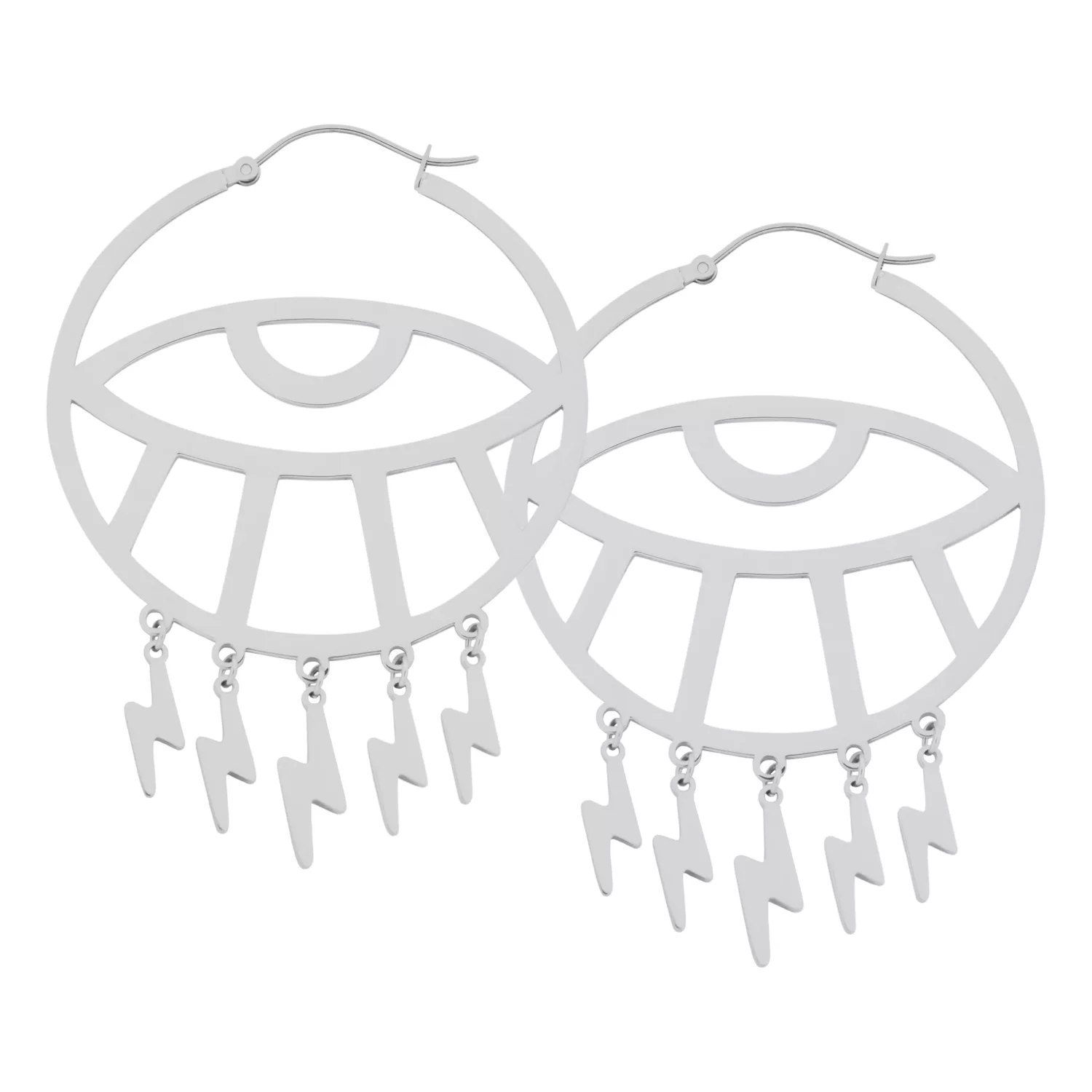 Thunderflash Eye Hoops aus Edelstahl Silberne Ohrhänger in Augenform mit Blitzanhängern auf weißem Hintergrund