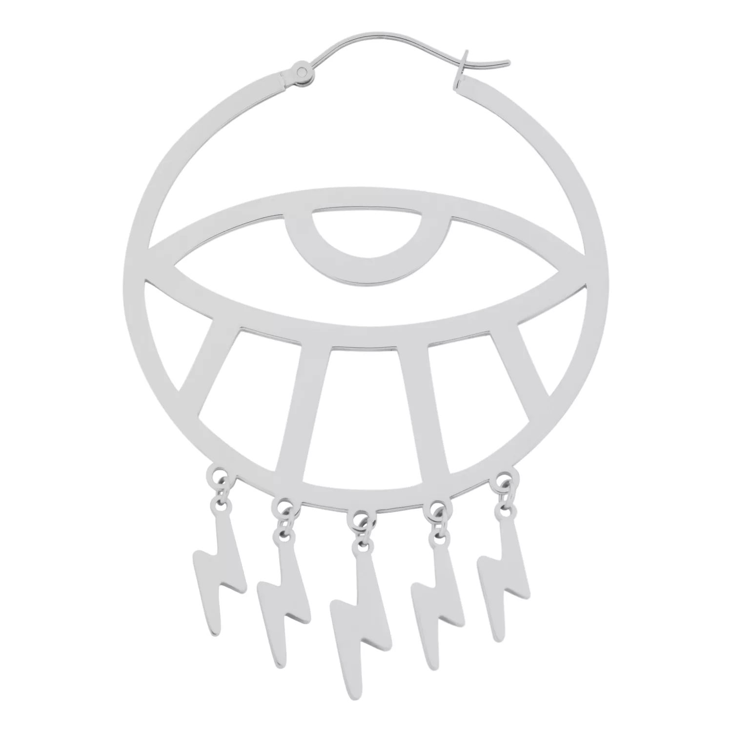 Silberne Thunderflash Eye Hoops Ohrringe Silberner Ohrring im Eye-Design mit Blitzanhängern auf weißem Hintergrund