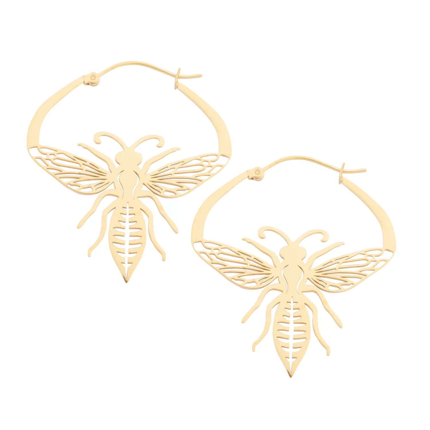 Goldene Bee Hoops aus Chirurgenstahl Zwei goldene Ohrringe in Bienenform aus Chirurgenstahl vor weißem Hintergrund
