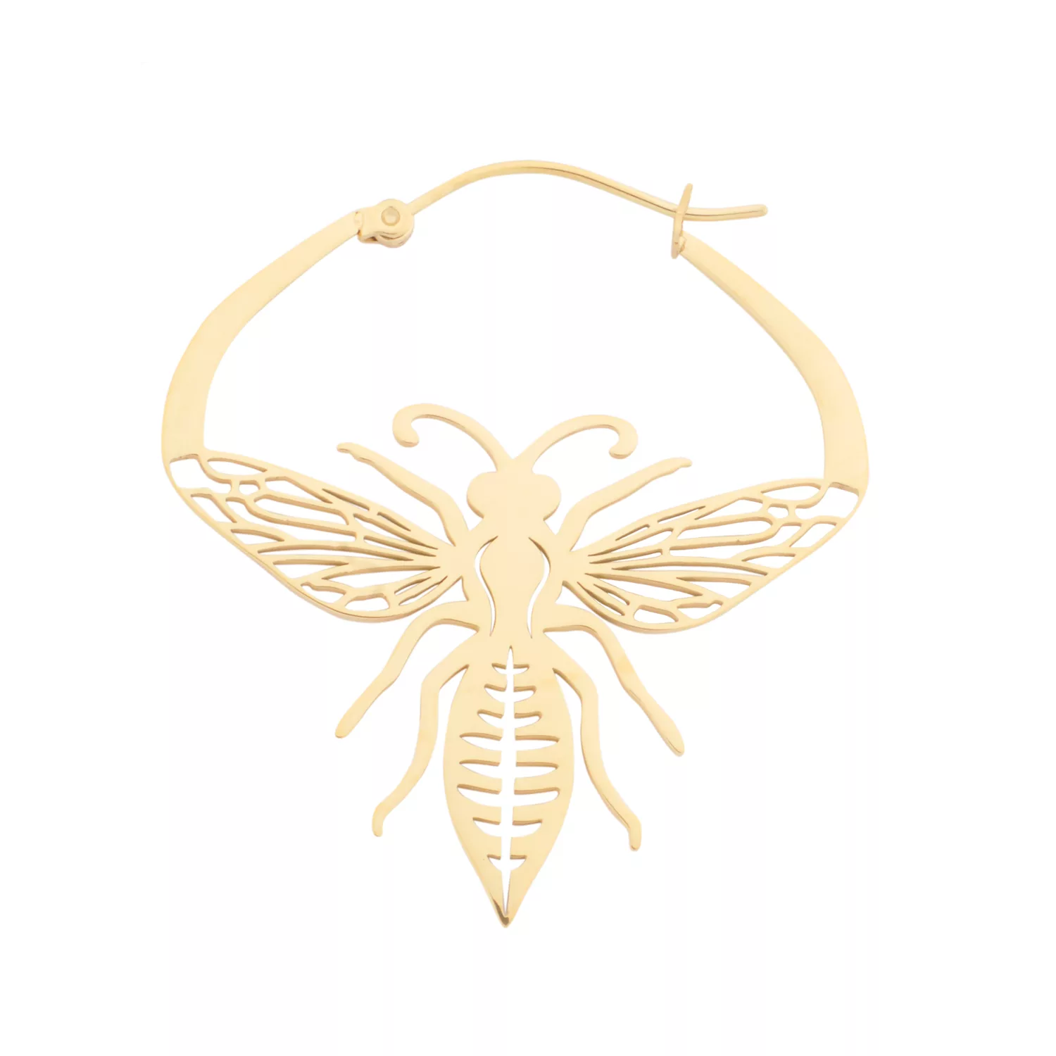 Goldene Bee Hoops aus Chirurgenstahl Goldene Ohrringe in Form einer Biene aus Chirurgenstahl auf weißem Hintergrund