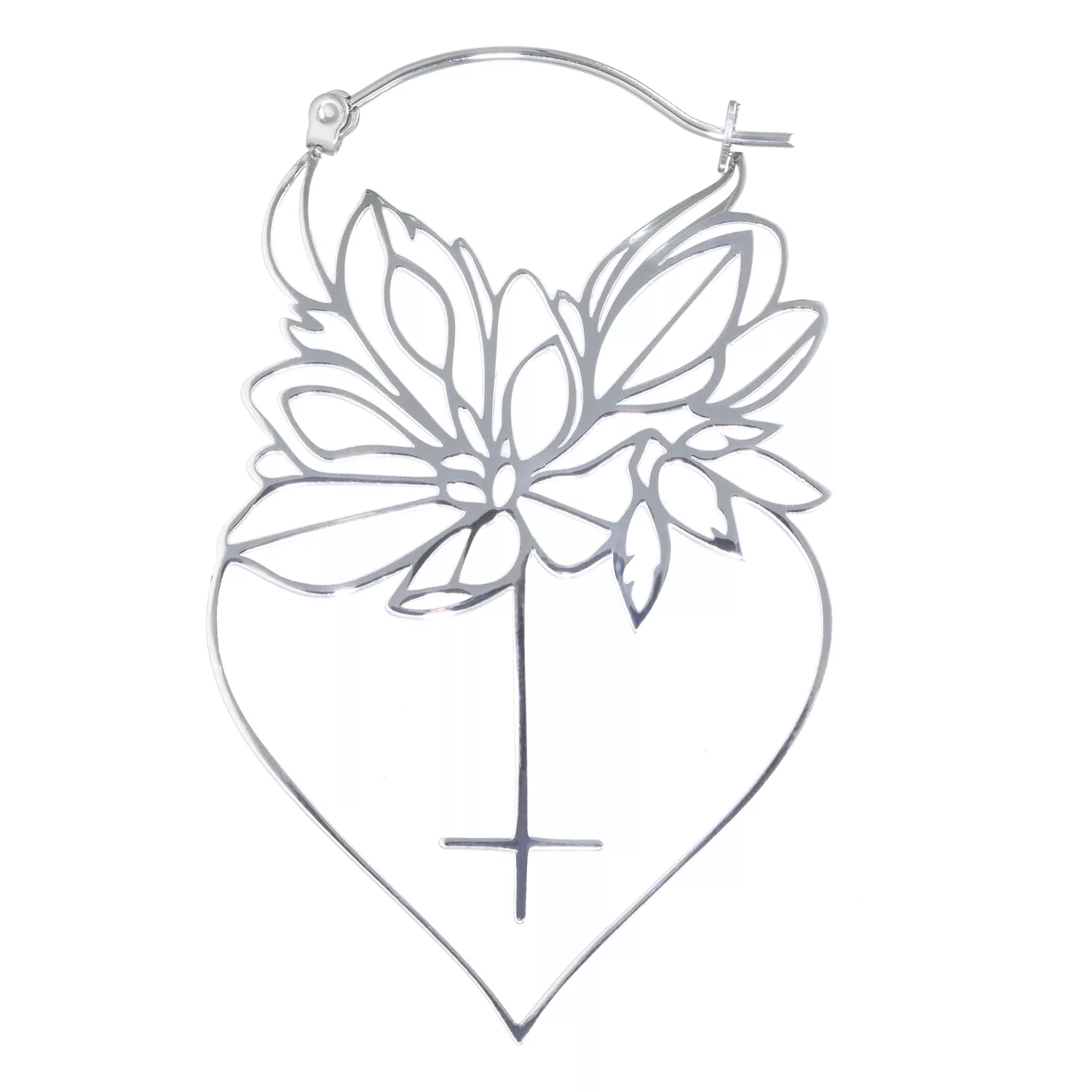 Silberne Dahlia Hoops Ohrringe aus Stahl Silberne Ohrhänger in Blumenform aus Chirurgenstahl auf weißem Hintergrund
