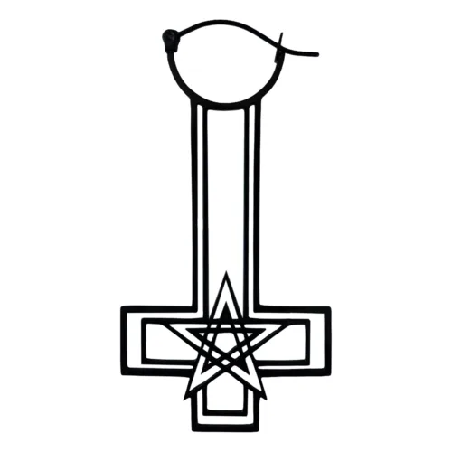 Schwarze Ohrringe in Form eines Kreuzes mit Pentagramm auf weißem Hintergrund