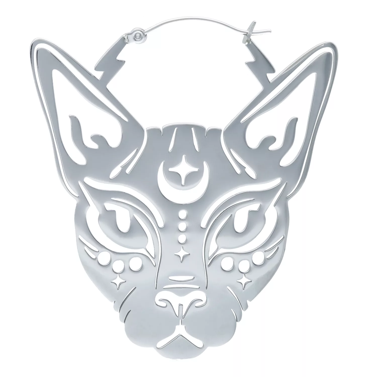 Sphynx Hoops in Silber mit Katzenmotiv Silberne Sphynx Ohrringe mit Katzenmotiv auf weißem Hintergrund