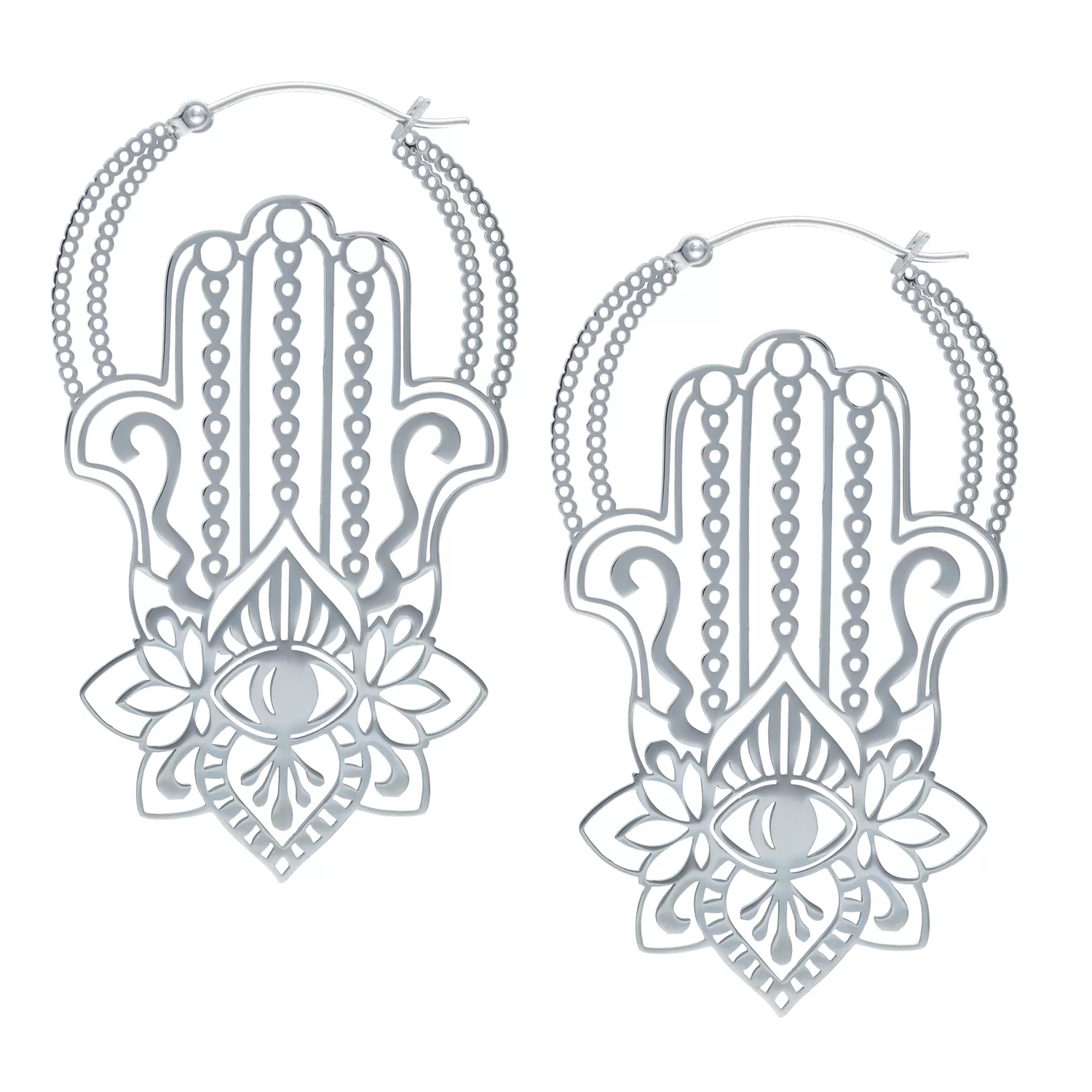Khamsa Ohrringe aus Chirurgenstahl Silberne Khamsa Ohrringe aus Chirurgenstahl mit filigranem Design