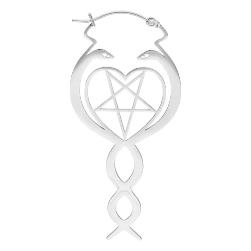 Silberne Ohrringe mit Schlangenmotiv und Pentagramm auf weißem Hintergrund
