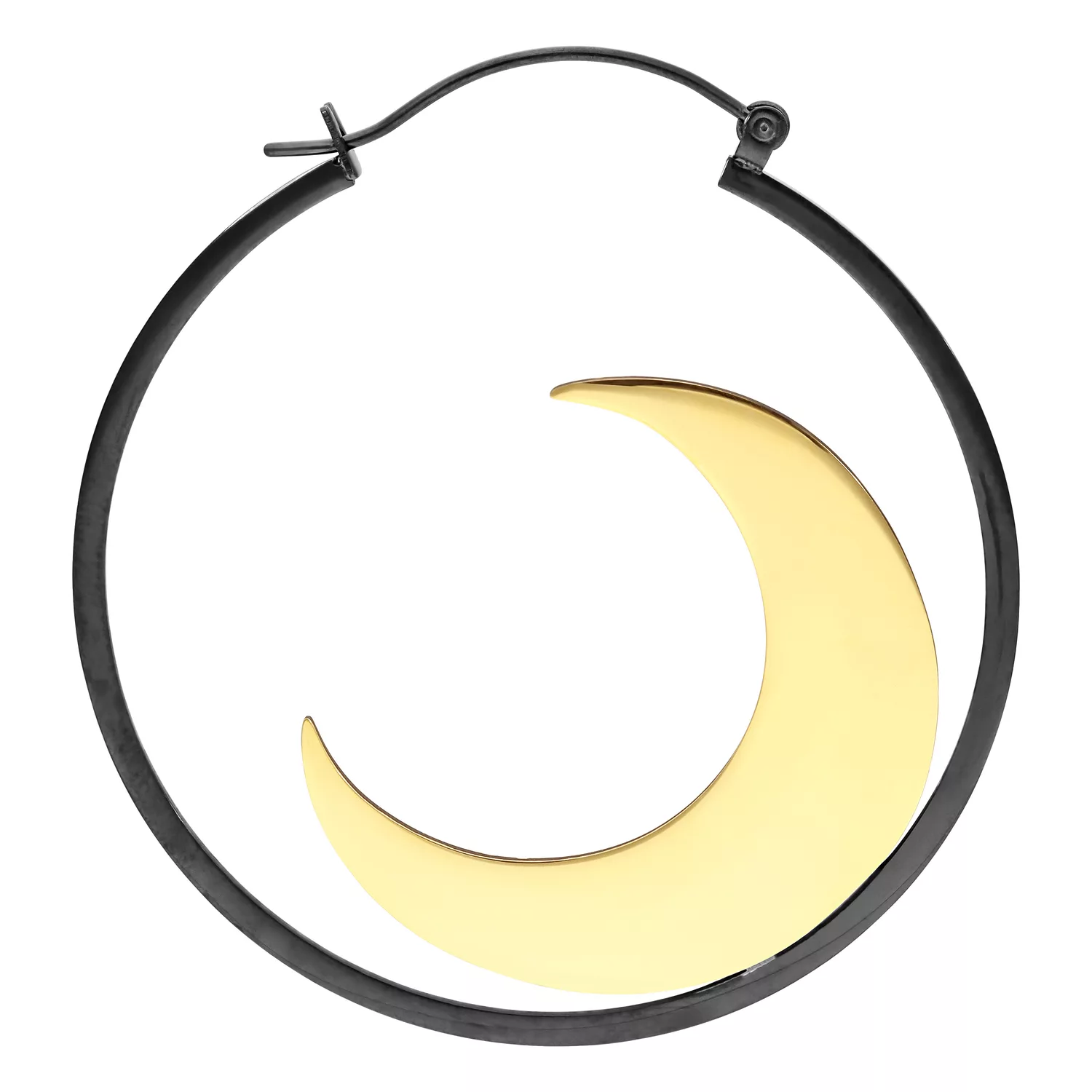 Mangata Hoops in Schwarz und Gold Schwarze und goldene Mangata Hoops Ohrringe mit Halbmond-Design auf weißem Hintergrund