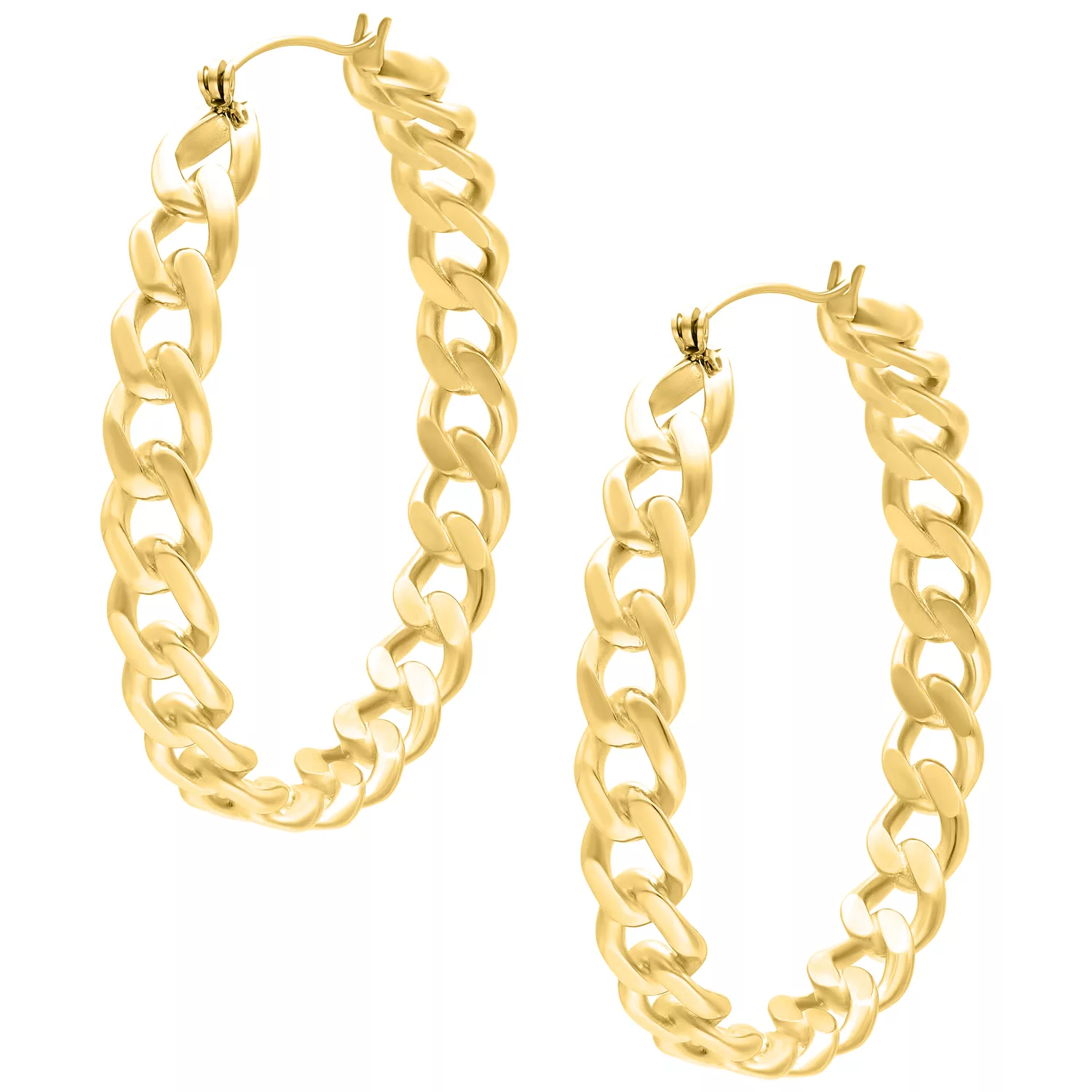 Goldene Curbchain Hoops Ohrringe Zwei goldene Curbchain Hoops Ohrringe auf weißem Hintergrund