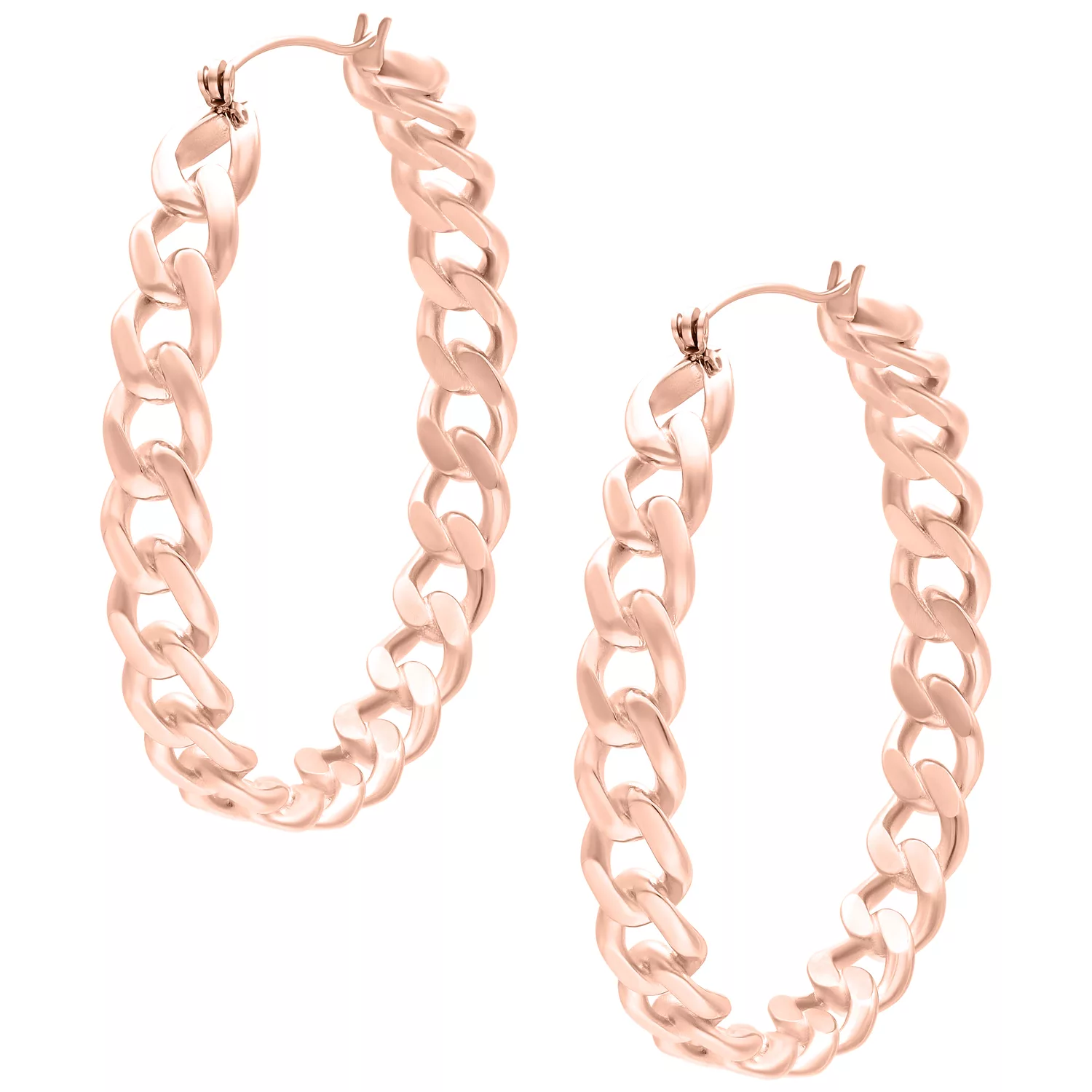 Elegante Curbchain Hoops in Roségold Zwei glänzende Curbchain Hoops aus Roségold auf weißem Hintergrund