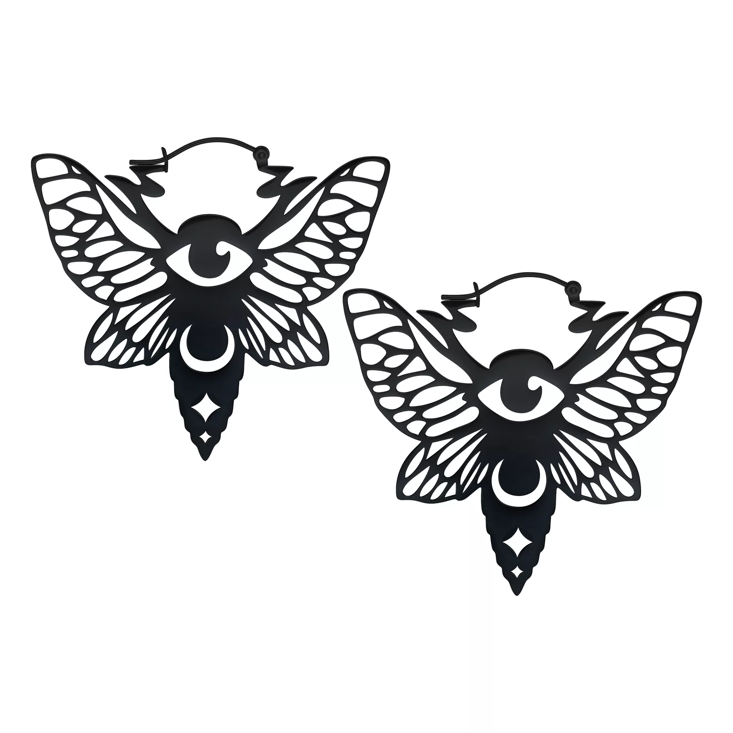 Schwarze Moth Hoops Ohrringe aus Chirurgenstahl Schwarze Moth Hoops Ohrringe mit Flügel- und Augendesign auf weißem Hintergrund