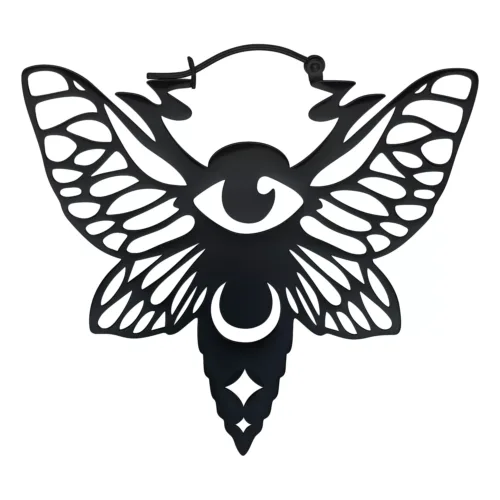 Schwarze Ohrringe in Schmetterlingsform mit Auge und Halbmond auf weißem Hintergrund