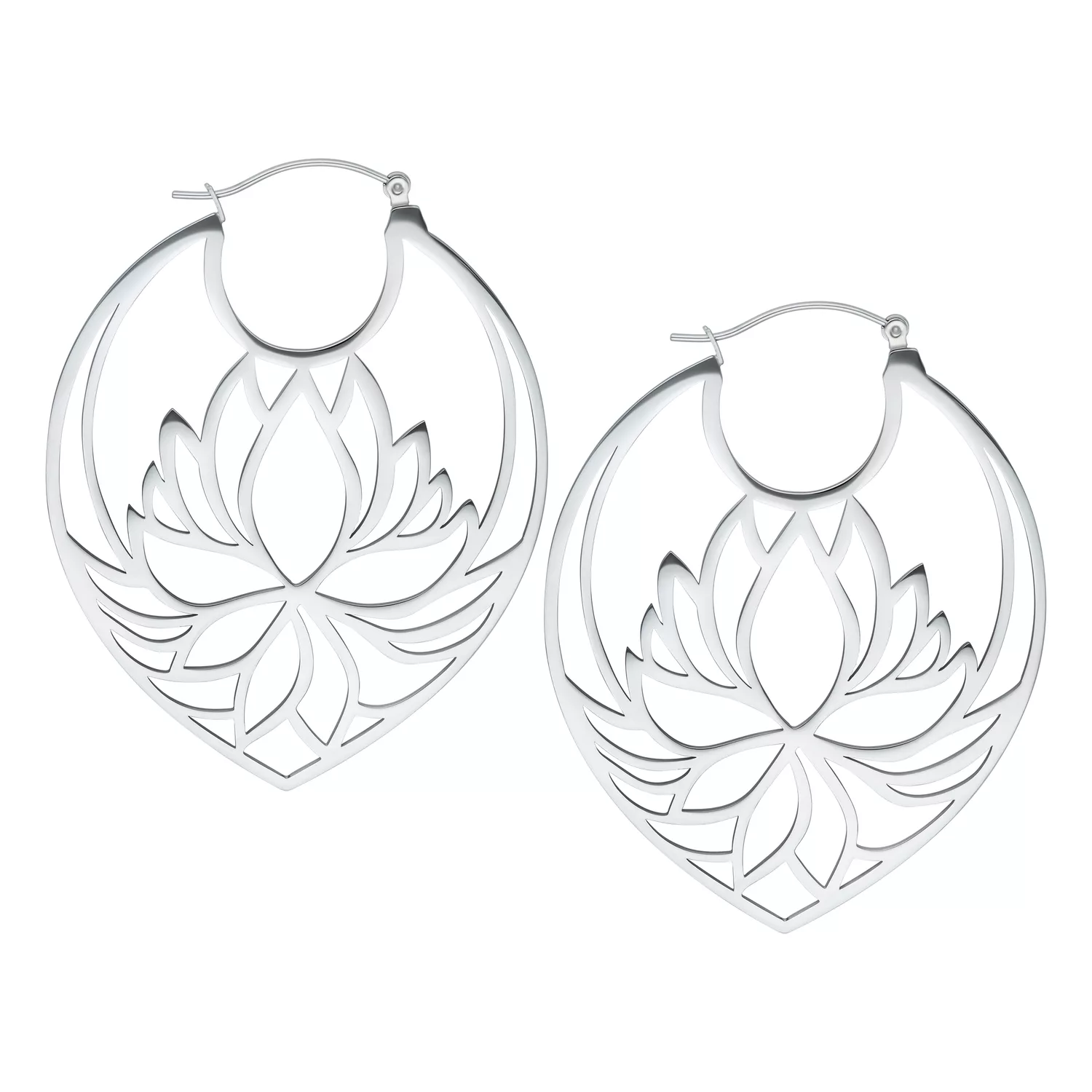Lotus Hoops aus Edelstahl in Silber Silberfarbene Lotus Hoops aus Edelstahl mit Klappverschluss auf weißem Hintergrund
